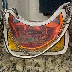 Iridescent Holographic Crescent Shoulder Bag in White and Rainbow